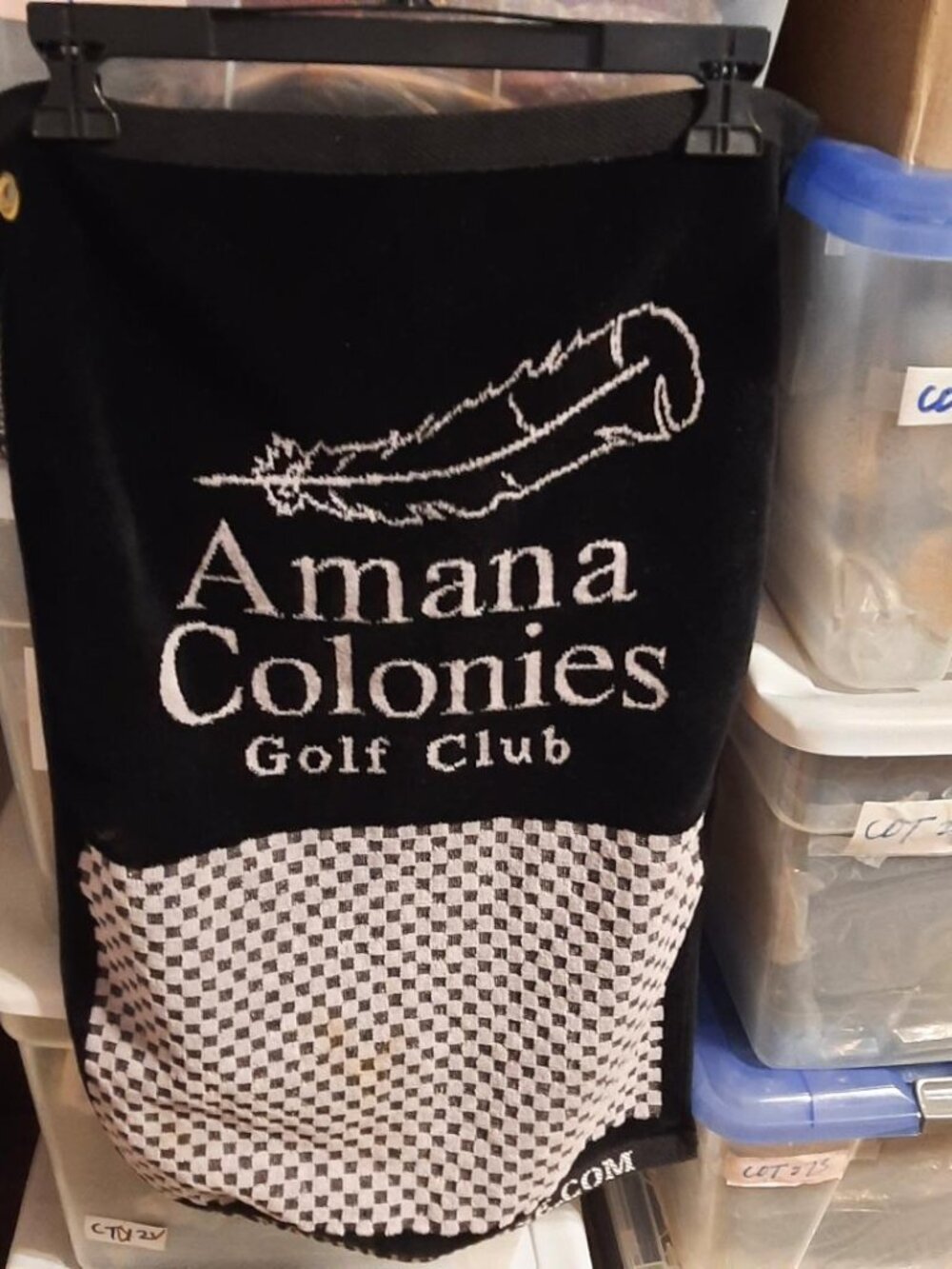 NEW TAG ! Amana Colonies Golf Club Towel Black W Checks Pattern Sz 16x26 Inch